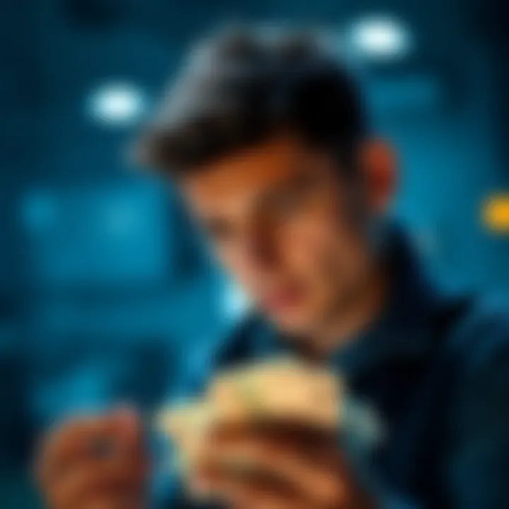 A 30-year-old man looks thoughtful while looking at a stack of betting tickets and bills, symbolizing his experience of losing money in sports betting.