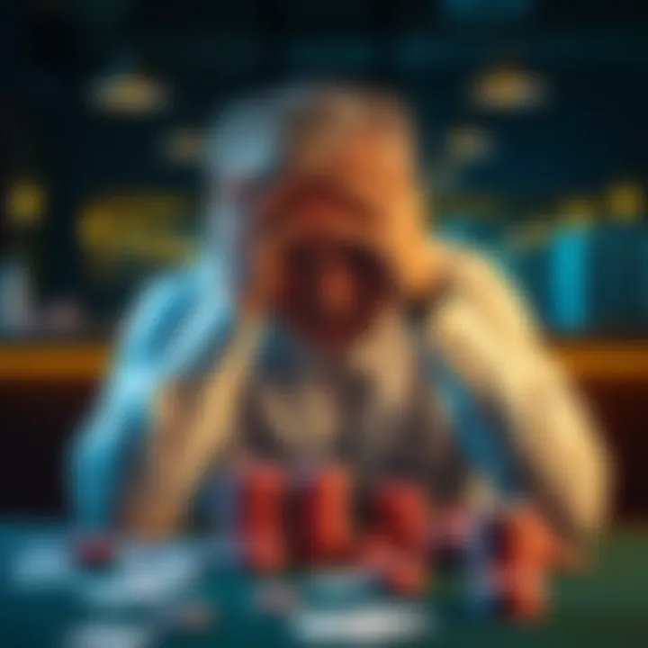 A concerned man in his 50s sitting at a table with his head in his hands, looking distressed, surrounded by casino chips and playing cards.