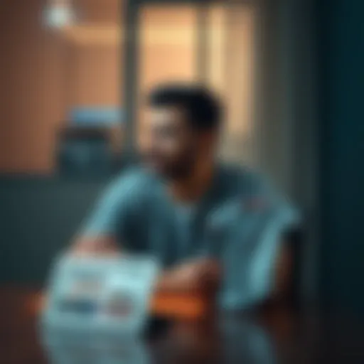 A man in his thirties looks contemplative, sitting at a table with a family photo in front of him, reflecting on his past gaming addiction and striving to rebuild his life. He appears hopeful while holding a baby outfit, symbolizing his commitment to being a better father.