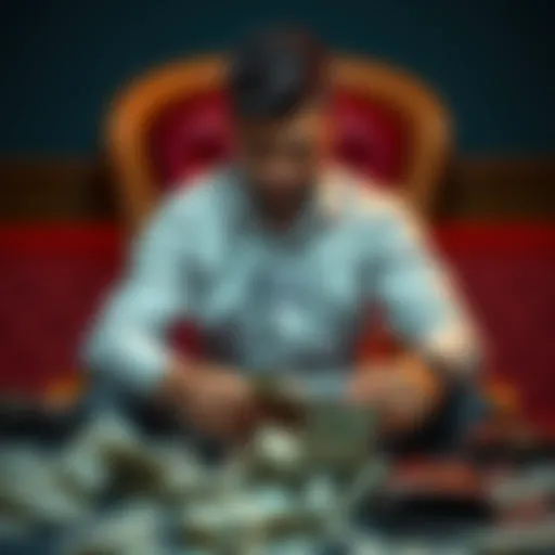 A 30-year-old man looks distressed while surrounded by bills and an empty wallet, symbolizing the impact of gambling addiction.