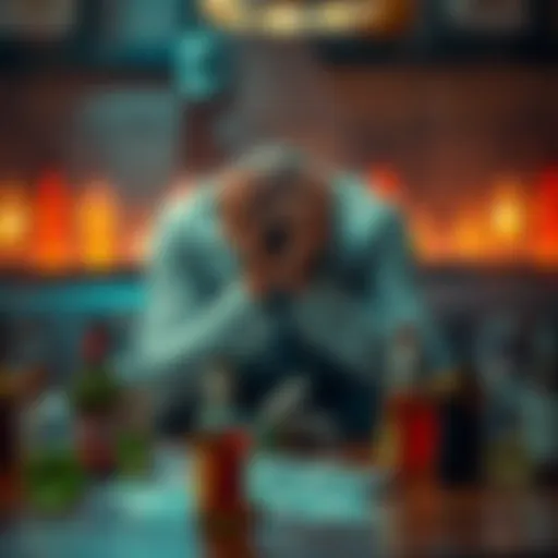 A distressed man sitting alone at a table, head in hands, surrounded by empty bottles and bills, showing the emotional toll of gambling addiction.