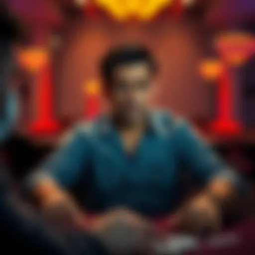 A man looks stressed while sitting at a gambling table, reflecting on his losses and debts after a gambling session.