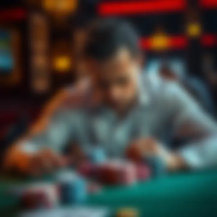 A man sits at a table with playing cards and chips, looking distressed as he reflects on his gambling problems.