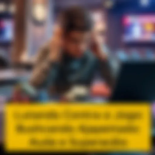 A young man sitting at a table, looking stressed with bills and a laptop open, symbolizing his gambling struggles and financial burden.