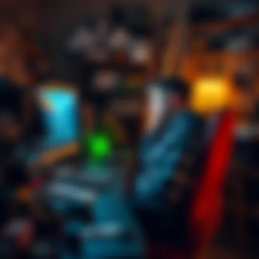A distressed man sitting at a messy desk, looking at his computer with gaming materials scattered around, symbolizing the struggle against gaming addiction.