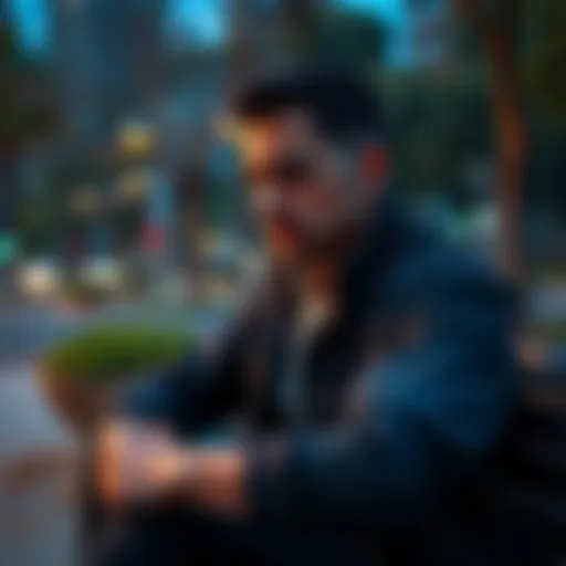 A man looks troubled as he sits on a bench, contemplating a major decision about his future and career after facing a serious restriction, with a city park in the background.