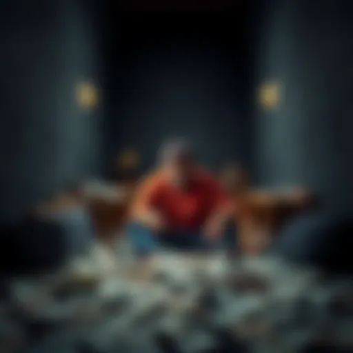 A man sitting alone in a dimly lit room, looking distressed while surrounded by bills and financial papers, symbolizing his battle with debt and hopelessness.