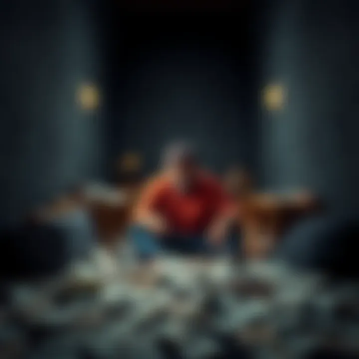 A man sitting alone in a dimly lit room, looking distressed while surrounded by bills and financial papers, symbolizing his battle with debt and hopelessness.