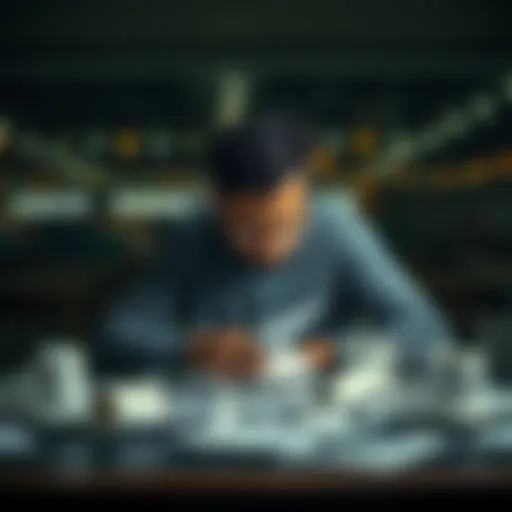 A man sits at a table looking distressed, surrounded by betting slips and empty coffee cups, representing his fight against sports gambling addiction.