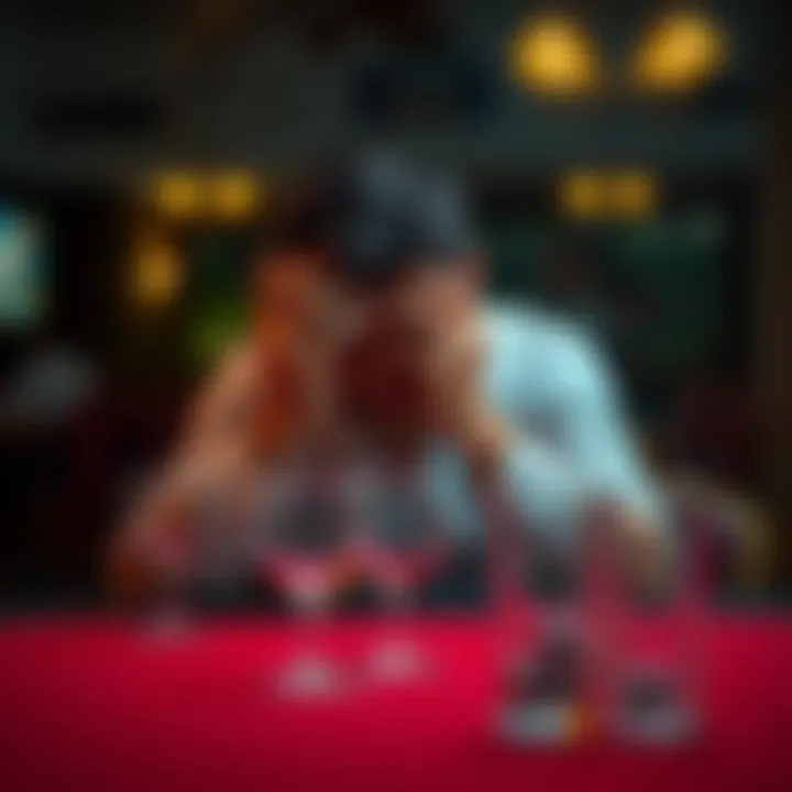 A 28-year-old man sits alone at a table with empty glasses, looking distressed. His hands are clasped over his face as he contemplates his losses from gambling. The background shows a dimly lit enviro...