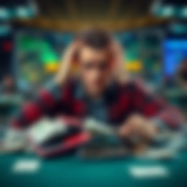 A man with a worried expression sitting at a table with empty wallets and overdue bills, showing the impact of gambling on his life.