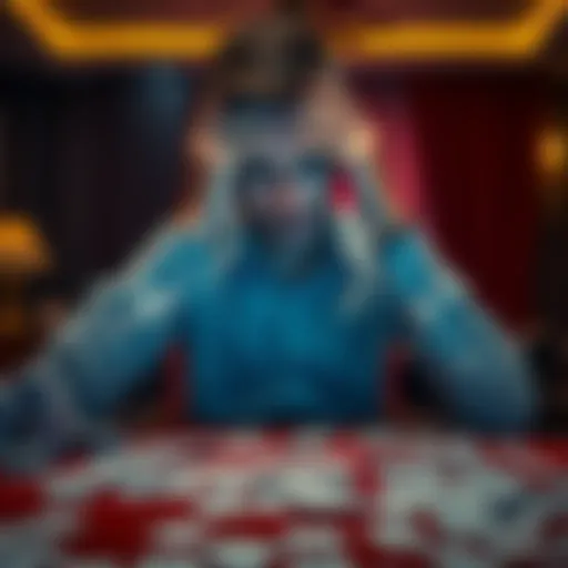 A man sits at a table cluttered with cards and betting slips, looking distressed and lost in thought. His hands are on his forehead, showing signs of stress and frustration. A dimly lit room in the background enhances the mood.