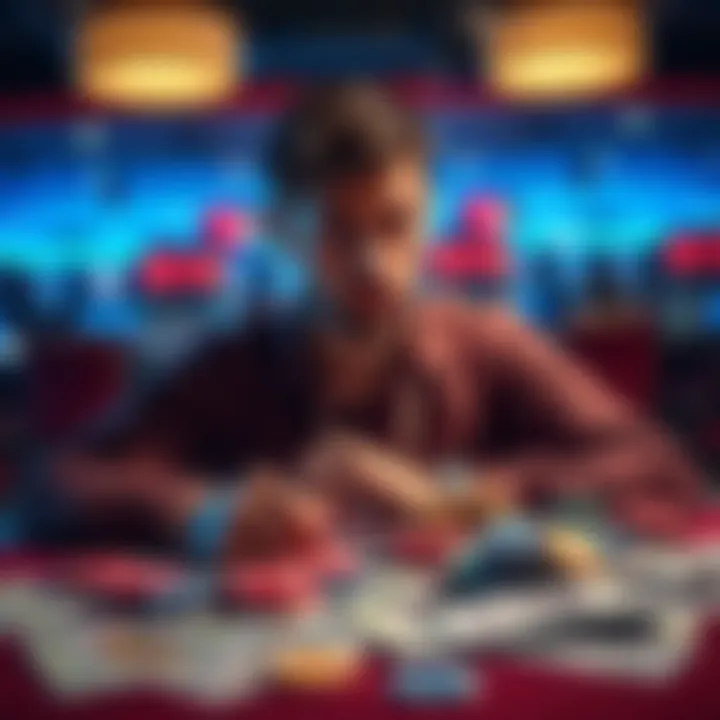 A man looks worried while sitting at a table with bills and gaming chips scattered around him.