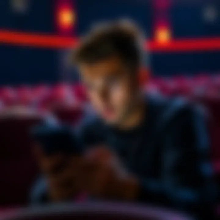 A young man focused on his phone, surrounded by movie theater seats, appearing anxious while betting on an app