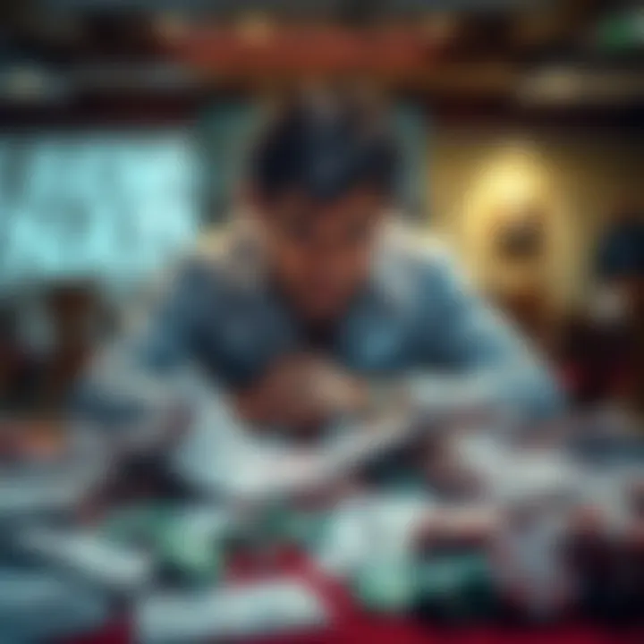 A man looks distressed at a cluttered table filled with unpaid bills and casino chips, symbolizing his struggle with debt and gambling.