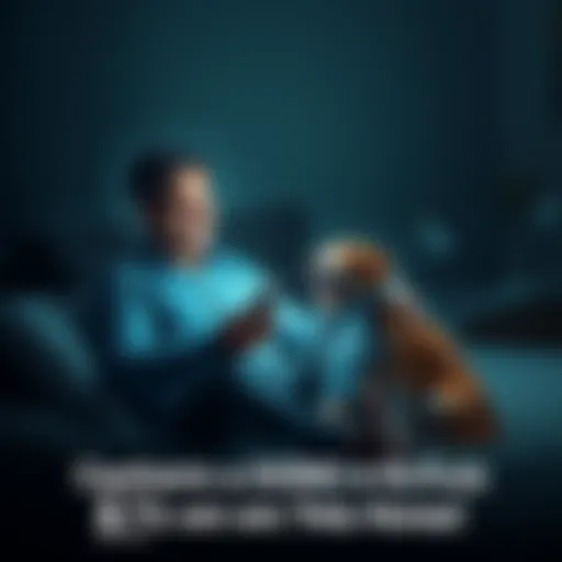 A man sitting on the bed with a dog beside him, looking at a phone with excitement after making a big investment, in a dimly lit room.