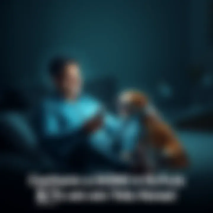 A man sitting on the bed with a dog beside him, looking at a phone with excitement after making a big investment, in a dimly lit room.