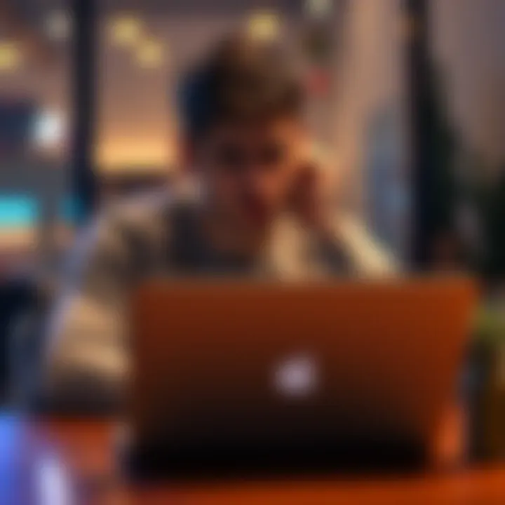 A young man sits at a table with a laptop, looking distressed as he reflects on his financial struggles and gambling losses.