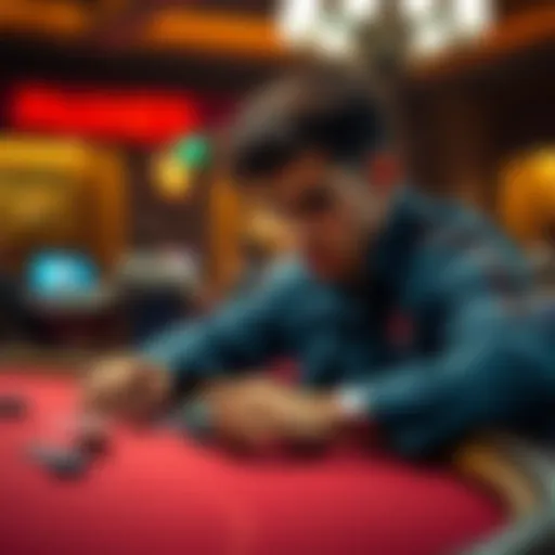 A focused player analyzing their betting strategy at a poker table with chips spread out, looking determined to improve their game.