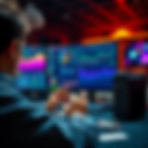 A person reviewing their poker game strategy while looking at a computer screen displaying graphs and charts. They have poker chips and cards on the table, showing a focus on balancing preservation an...