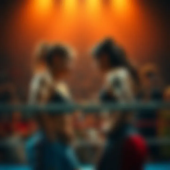 Manon and Valentina standing in the ring, ready to fight, with intense expressions and excited fans in the background