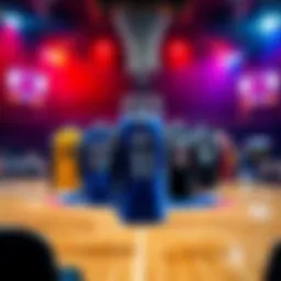 March Madness 2026 Basketball Basketball court with teams preparing for March Madness 2026 games, showcasing jerseys of Duke, Kansas, and UConn