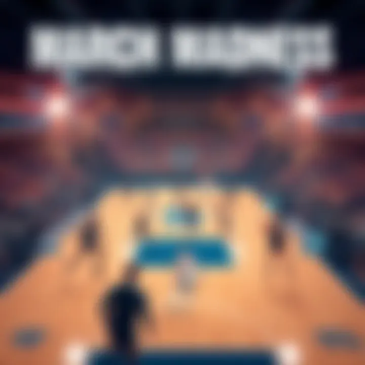 A basketball court with teams competing, showcasing potential teams for March Madness 2026