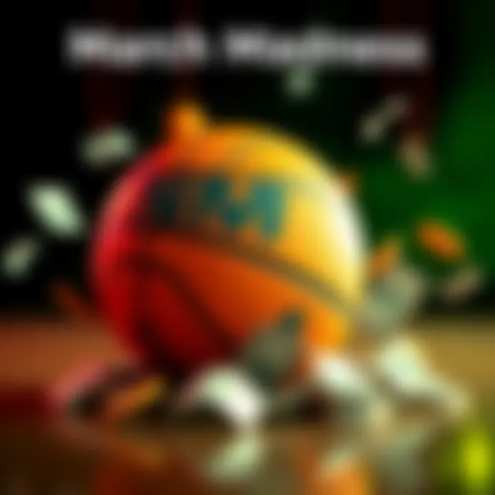 March Madness Free Cash Promotion A basketball with money symbols around it, representing a promotion for free cash during March Madness.