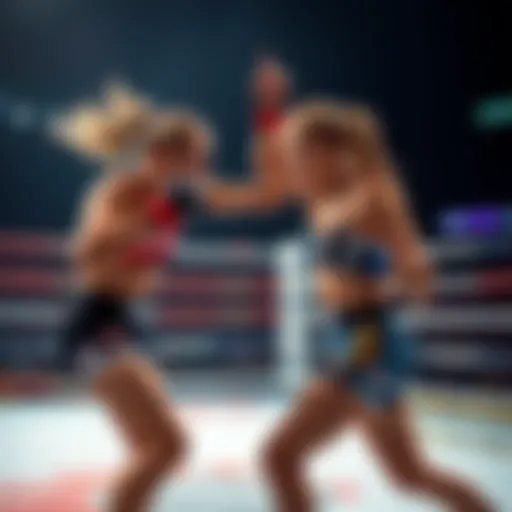 Marina and Gillian in an intense MMA match, showcasing their skills in the ring, with Gillian celebrating her win in the second round.