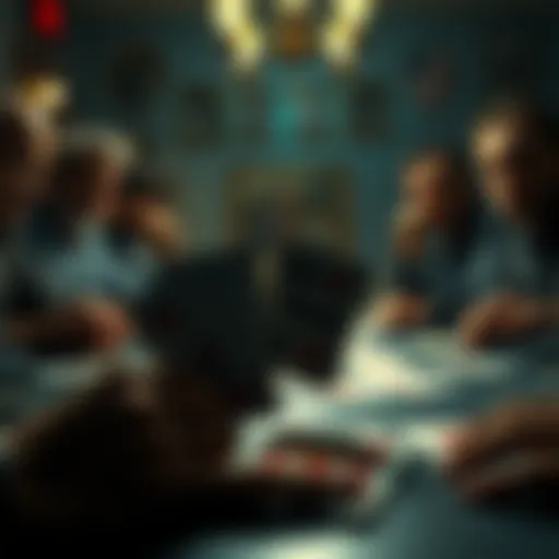 A close-up view of playing cards with some marked faces, surrounded by a dimly lit table setting and concerned players.