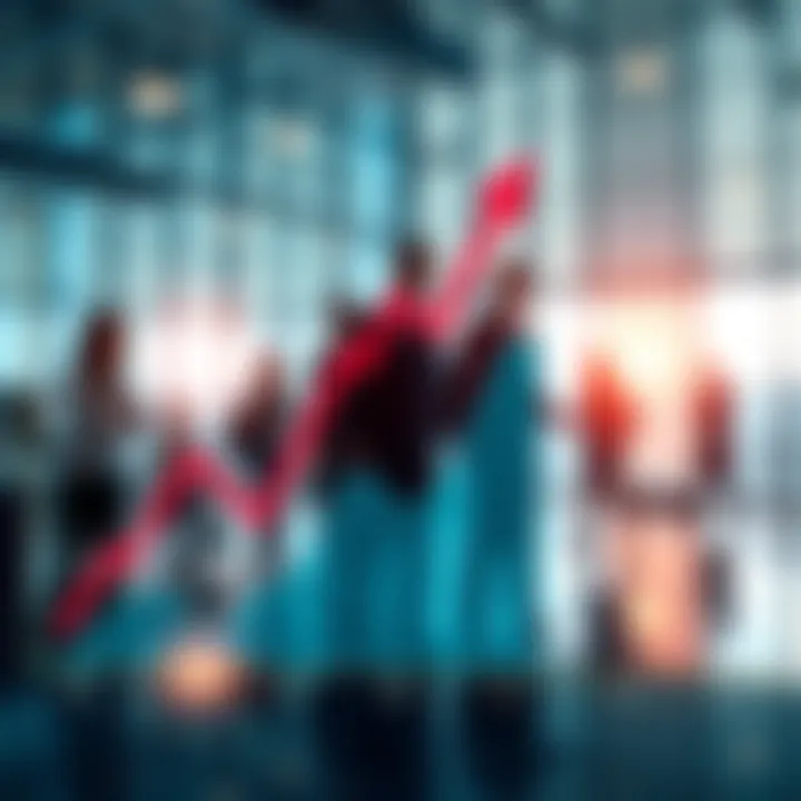 A graph showing upward trends in sales and market analysis with business people discussing strategies in the background.