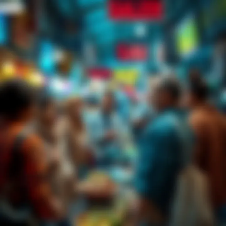 A group of diverse vendors discussing sales strategies in a busy marketplace.