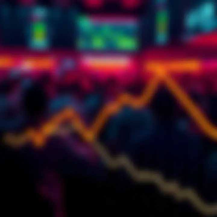 A graph showing a downward trend with a worried crowd in the background