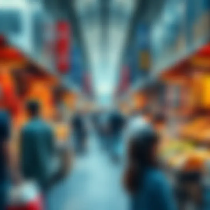 A busy marketplace with various sellers showcasing products to consumers, illustrating current market dynamics.