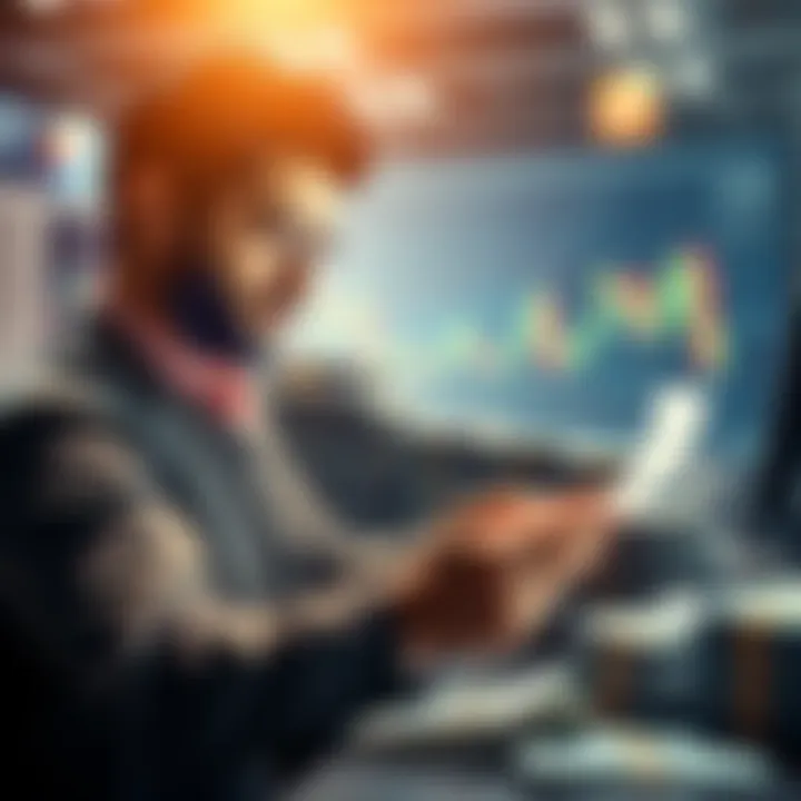 Market Strategy A graphic showing a confident person analyzing charts and data with stacks of money in the background, symbolizing market strategy and competition.