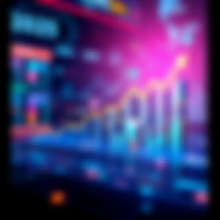 A graph showing upward market trends with various icons representing different industries like technology, healthcare, and finance.