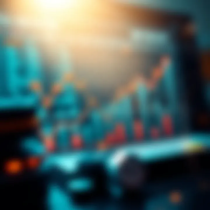 Market Trends Analysis A graph showing market trends and predictions with symbols of upward movement and analysis tools.