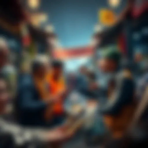 A bustling marketplace scene with people negotiating and exchanging goods, showing excitement and anticipation.