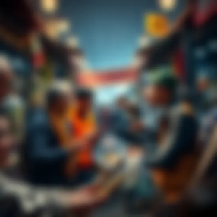 Products and Buyers Negotiating A bustling marketplace scene with people negotiating and exchanging goods, showing excitement and anticipation.