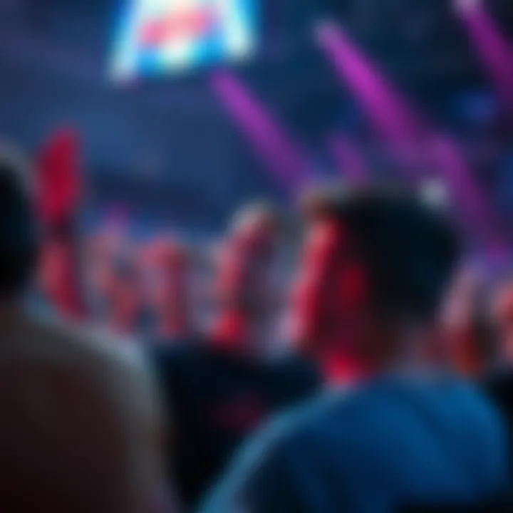A crowd gathered at a gaming tournament with Martin Kabrhel on stage, some cheering and others showing mixed reactions.