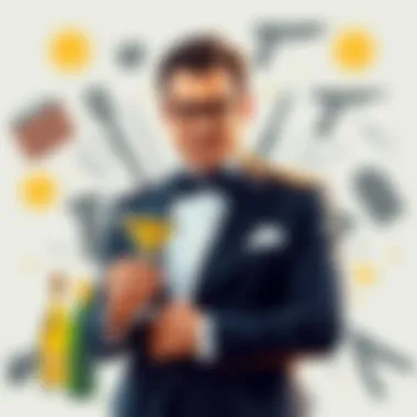 Martin Kabrhell with James Bond references Martin Kabrhell standing confidently, surrounded by symbols of James Bond, like a tuxedo, martini, and iconic gadgets, showcasing his charm and charisma.