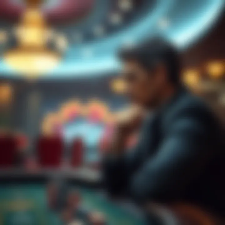 A person contemplating betting strategies while looking at a casino table with chips, illustrating the Martingale betting system.