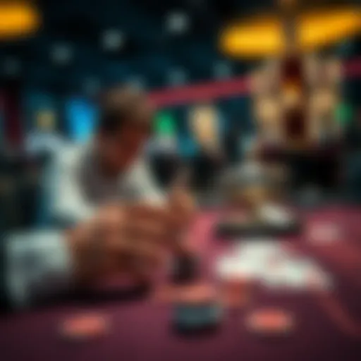 A person looking at cards and chips on a gambling table, considering their next move with the Martingale strategy in mind.