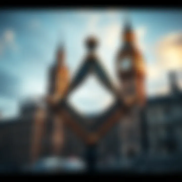 A close-up of the Masonic symbol, featuring a compass and square against a backdrop of historic London architecture.