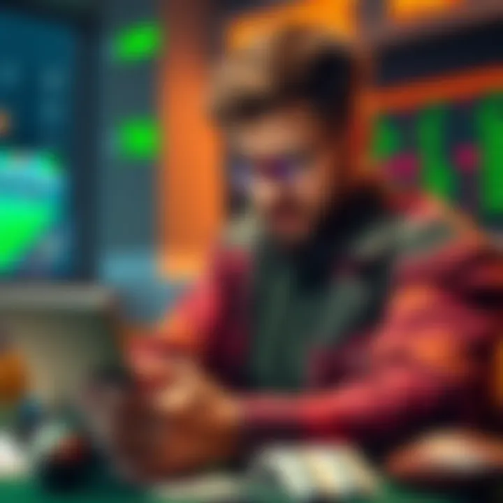Master Gambler at DraftKings A confident gambler analyzing DraftKings statistics on a tablet, surrounded by sports betting items