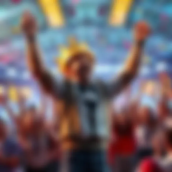 Max joyfully celebrating his big win at the Le Bandit game, surrounded by cheering people.