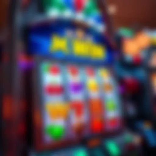 A colorful slot machine display with bright lights and symbols of fruits and lucky charms, representing gaming excitement.