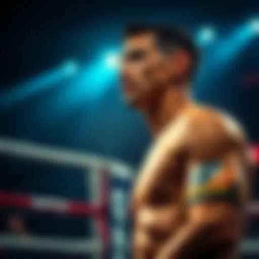 Max Holloway in the ring Max Holloway stands in the ring, preparing for a fight, with intense focus and determination on his face.