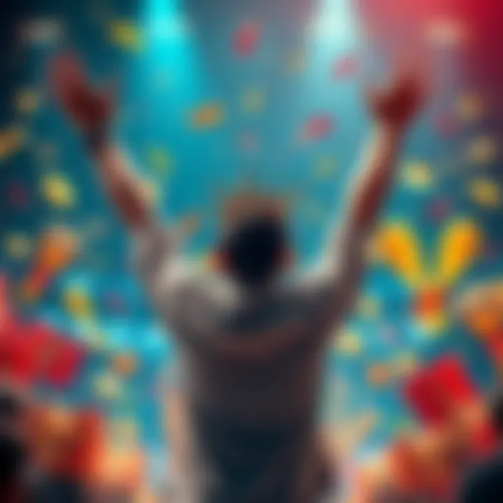 A person celebrating with arms raised, surrounded by symbols of prizes and success, representing the chance to win big in 2026.