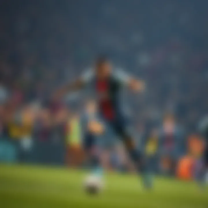 Kylian Mbappé in a football match Kylian Mbappé dribbles the ball during a tense football match, showing intense focus and determination amid a backdrop of cheering fans.